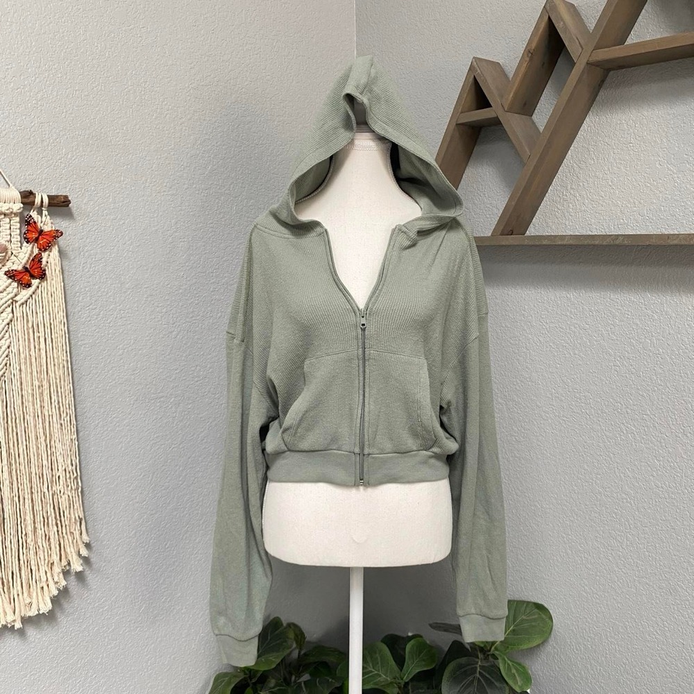 SKIMS SAGE GREEN WAFFLE KNIT CROP ZIP UP HOODIE LONG SLEEVE ACTIVEWEAR LOUNGE